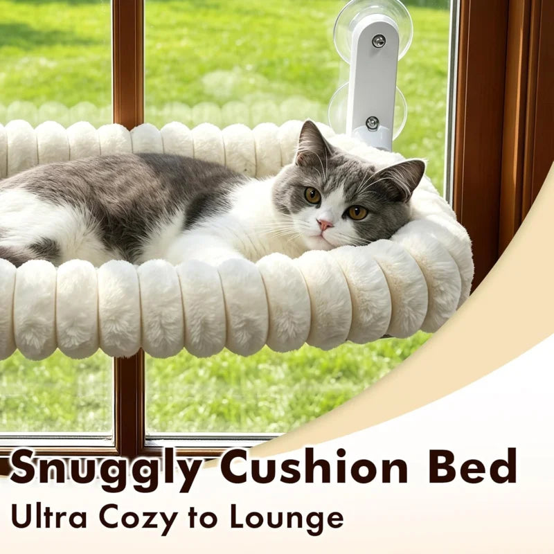 Cordless Cat Window Perch Hammock with 4 Strong Suction Cups, Metal Frame, Cushion Cover, Indoor Cat Bed, L Stripe