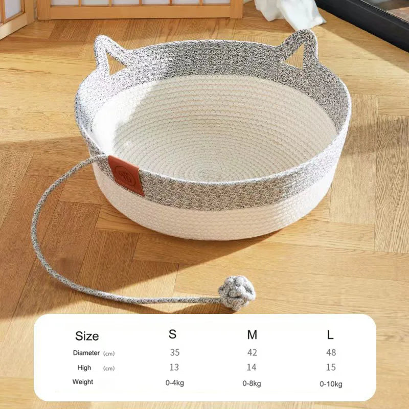 OUZEY All-season Woven Rattan Cat Bed Summer Cooling Kitten Basket With Interactive Toys Cat Scratching Baskets Pet Supplies
