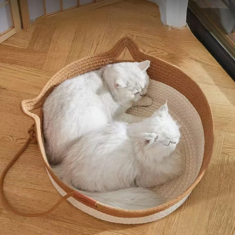 OUZEY All-season Woven Rattan Cat Bed Summer Cooling Kitten Basket With Interactive Toys Cat Scratching Baskets Pet Supplies