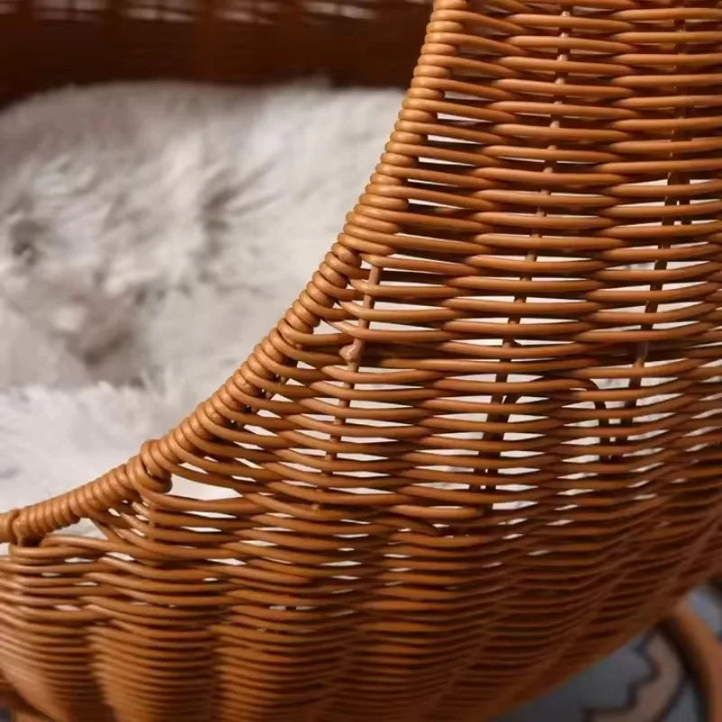 Semi-enclosed Pet Hammock Hanging Cat Nest Round Rattan Cat Cage Cat Bed with Plush Cushion Pet Cradle Bed Cat Accessories