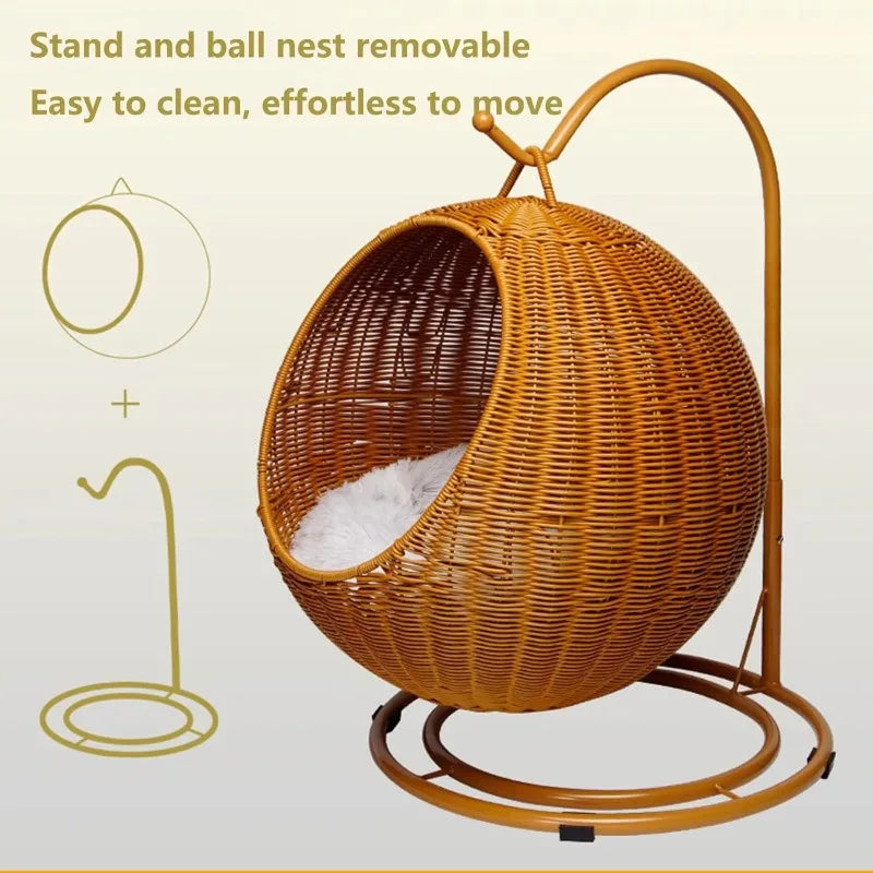 Semi-enclosed Pet Hammock Hanging Cat Nest Round Rattan Cat Cage Cat Bed with Plush Cushion Pet Cradle Bed Cat Accessories