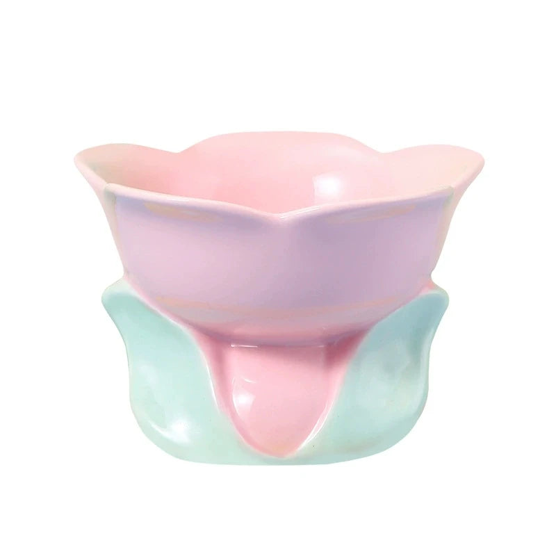 Flower Shaped Ceramic Cat Bowl, Neck Protect Raised Feeding Dish, Cute Food Water Bowl for Cats