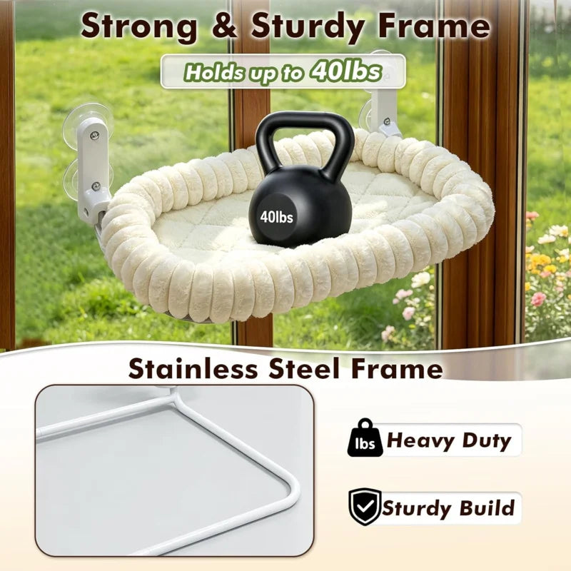 Cordless Cat Window Perch Hammock with 4 Strong Suction Cups, Metal Frame, Cushion Cover, Indoor Cat Bed, L Stripe