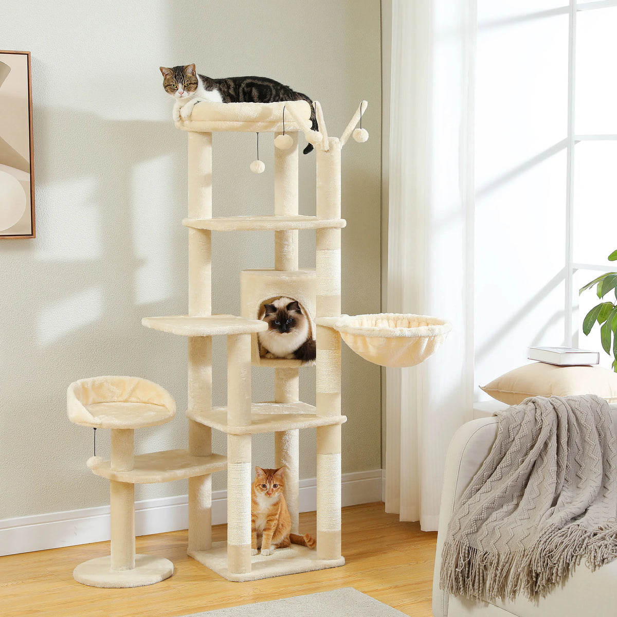 Multi-Level Cat Tree with Scratching Post Hammock Large Perches Hanging Balls Tall Cat Tower for Indoor Spacious Cat Condo House