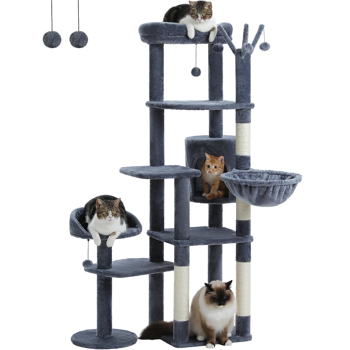 Multi-Level Cat Tree with Scratching Post Hammock Large Perches Hanging Balls Tall Cat Tower for Indoor Spacious Cat Condo House