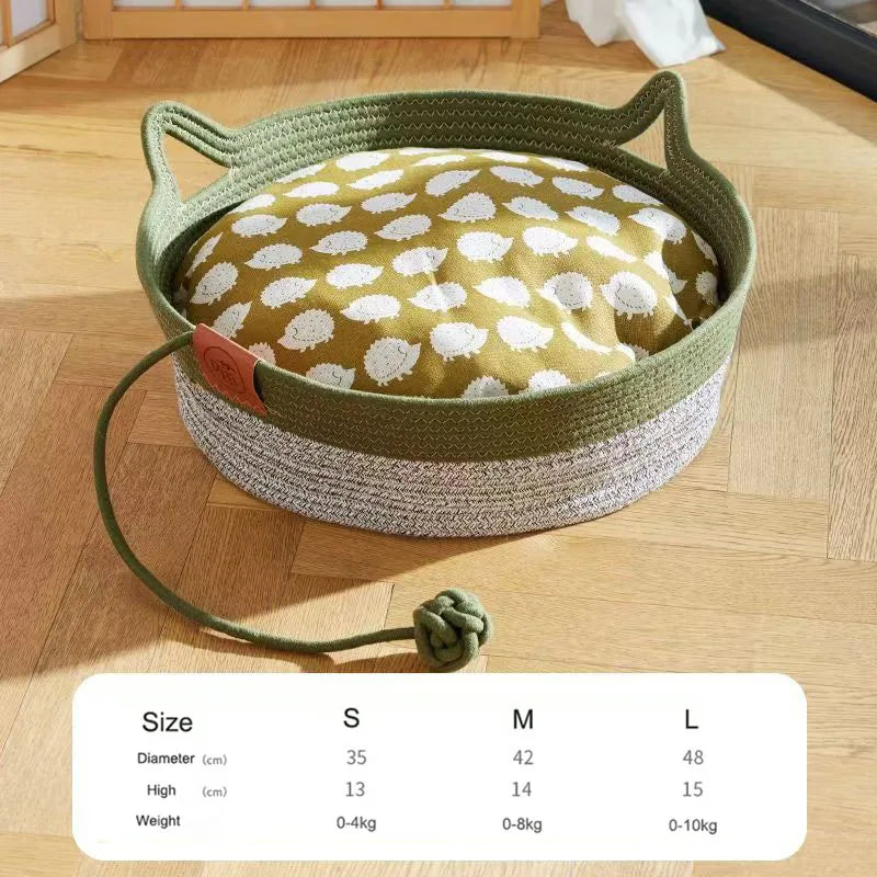 OUZEY All-season Woven Rattan Cat Bed Summer Cooling Kitten Basket With Interactive Toys Cat Scratching Baskets Pet Supplies