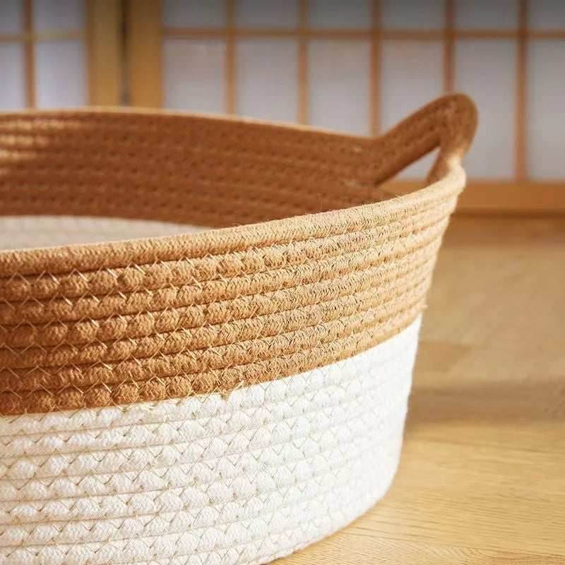 Japanese Pet Cat Bed Round Hand Woven Rattan Cat Beds Summer Cooling Kitten Basket Cotton Rope Cat Scratching Baskets