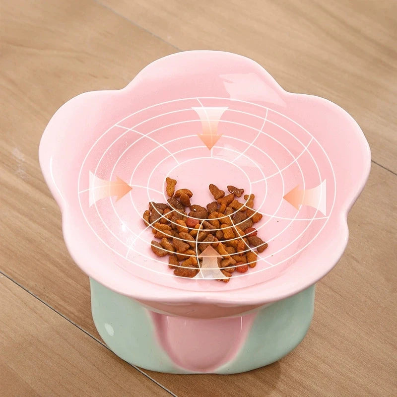 Flower Shaped Ceramic Cat Bowl, Neck Protect Raised Feeding Dish, Cute Food Water Bowl for Cats