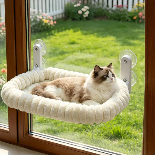 Cordless Cat Window Perch Hammock with 4 Strong Suction Cups, Metal Frame, Cushion Cover, Indoor Cat Bed, L Stripe