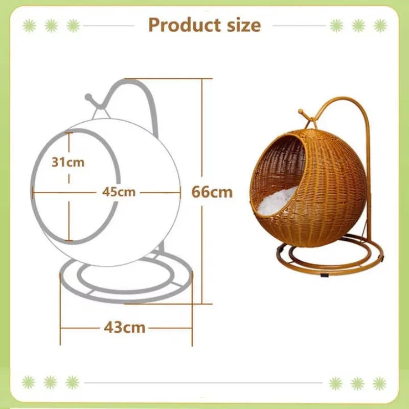 Semi-enclosed Pet Hammock Hanging Cat Nest Round Rattan Cat Cage Cat Bed with Plush Cushion Pet Cradle Bed Cat Accessories