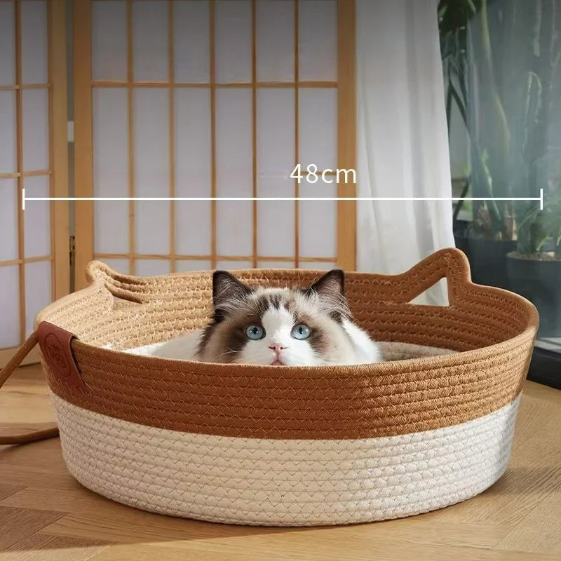OUZEY All-season Woven Rattan Cat Bed Summer Cooling Kitten Basket With Interactive Toys Cat Scratching Baskets Pet Supplies