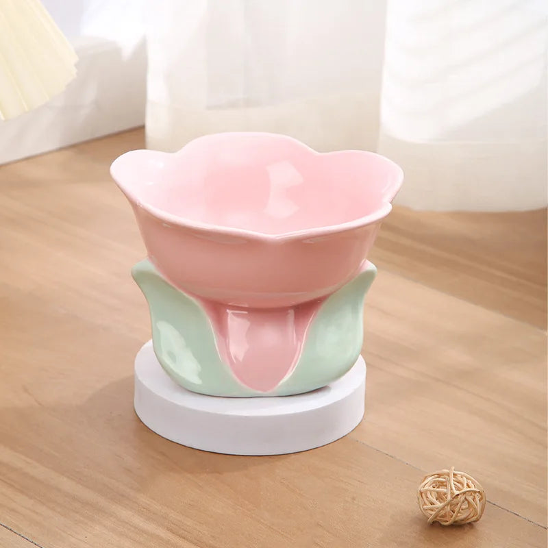 Flower Shaped Ceramic Cat Bowl, Neck Protect Raised Feeding Dish, Cute Food Water Bowl for Cats