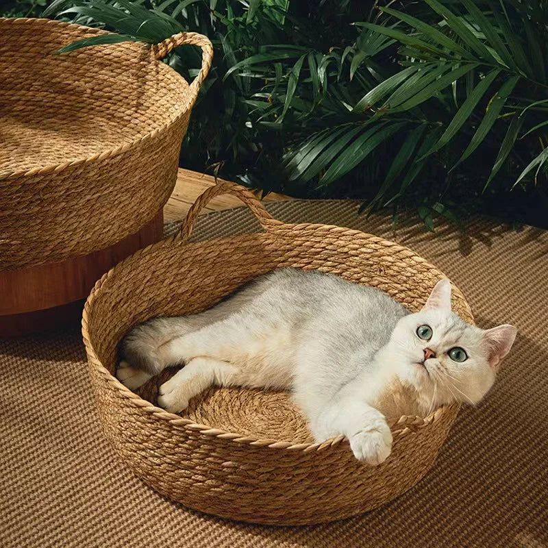 Pure Manual Cat Bed House Rattan Woven Four Seasons Nest Cat Scratch Board General Dandelion Woven Cool Pet Home Cat Accessories