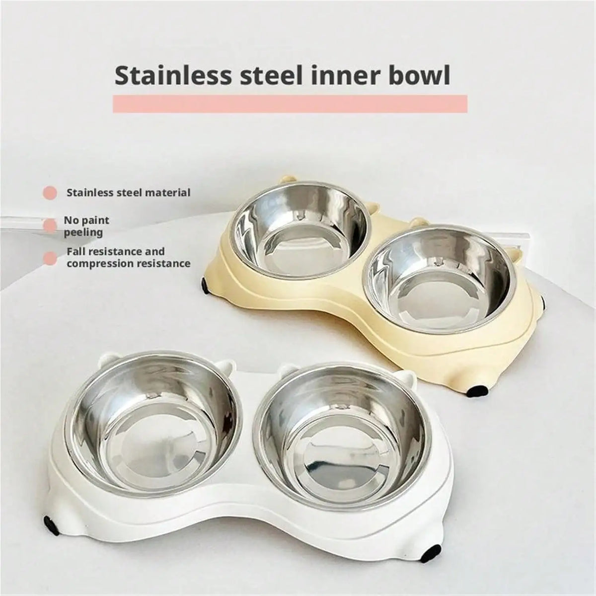 Double Stainless Steel Pet Bowl Set with Base, 2 in 1 Cat and Dog Food Water Bowl, Easy to Clean Rust Resistant Metal Pet Bowl, Non Slip Base for Indoor and Outdoor Use, Macaron Color