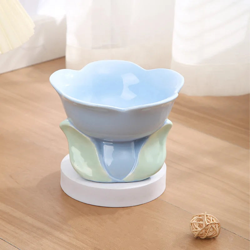 Flower Shaped Ceramic Cat Bowl, Neck Protect Raised Feeding Dish, Cute Food Water Bowl for Cats