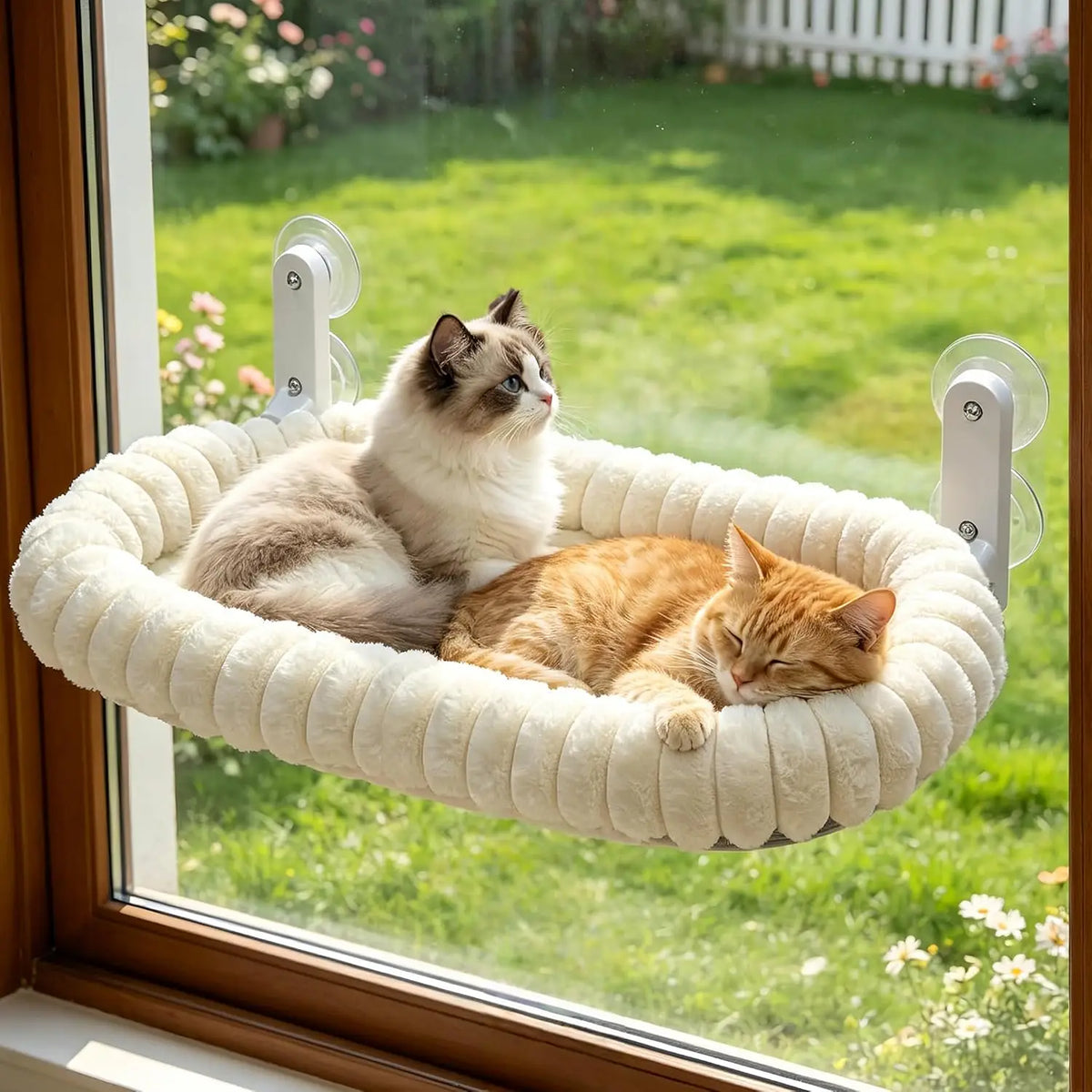 Cordless Cat Window Perch Hammock with 4 Strong Suction Cups, Metal Frame, Cushion Cover, Indoor Cat Bed, L Stripe