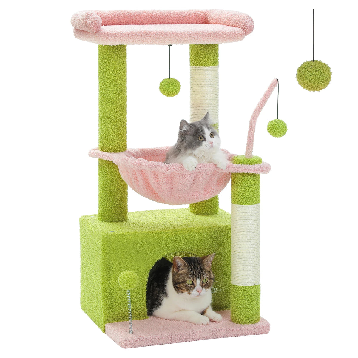 4-in-1 Cat Tree with Large Cat Condo, Sisal Scratching Post, Deep Hammock, Cozy Top Perch, Small Cat Tower for Indoor, Cat Toys