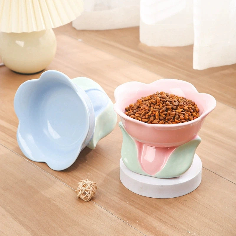 Flower Shaped Ceramic Cat Bowl, Neck Protect Raised Feeding Dish, Cute Food Water Bowl for Cats