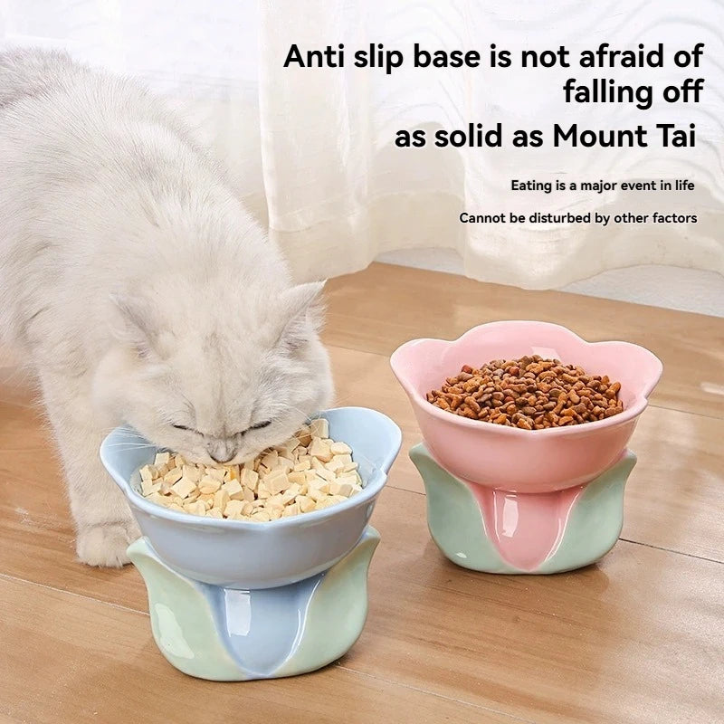 Flower Shaped Ceramic Cat Bowl, Neck Protect Raised Feeding Dish, Cute Food Water Bowl for Cats