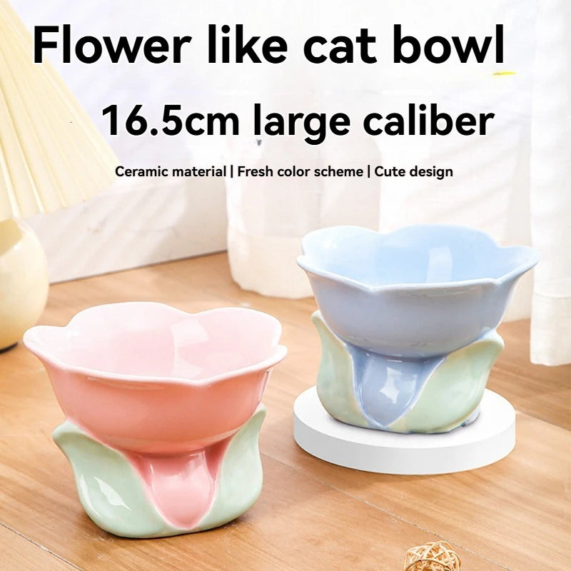Flower Shaped Ceramic Cat Bowl, Neck Protect Raised Feeding Dish, Cute Food Water Bowl for Cats