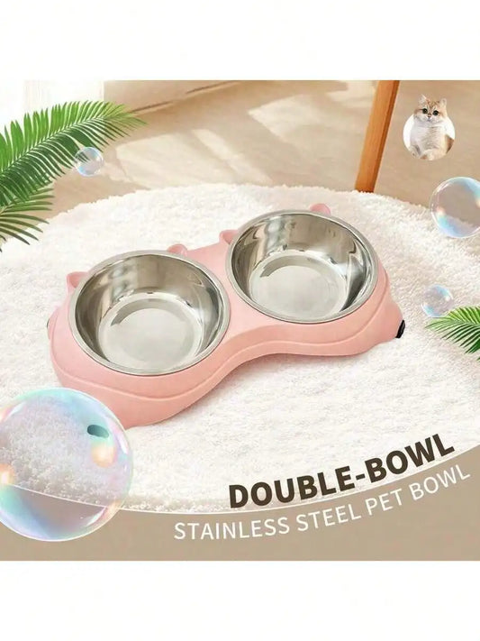 Double Stainless Steel Pet Bowl Set with Base, 2 in 1 Cat and Dog Food Water Bowl, Easy to Clean Rust Resistant Metal Pet Bowl, Non Slip Base for Indoor and Outdoor Use, Macaron Color