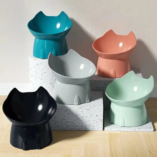 1pc Elevated Cat Bowl Anti-Tip Plastic Raised Pet Feeding Dish with Tilted Edge Neck Protection Kitty Food