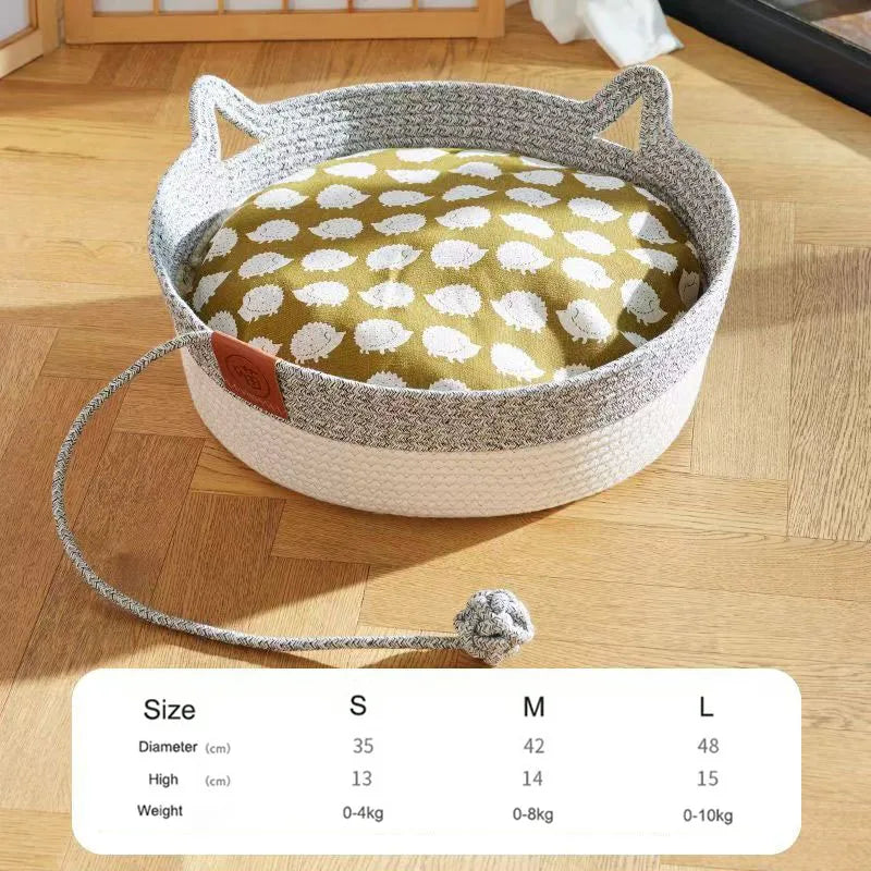 OUZEY All-season Woven Rattan Cat Bed Summer Cooling Kitten Basket With Interactive Toys Cat Scratching Baskets Pet Supplies