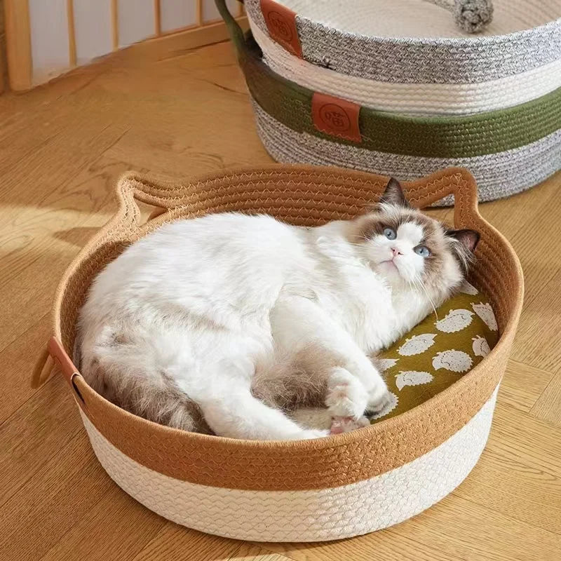 OUZEY All-season Woven Rattan Cat Bed Summer Cooling Kitten Basket With Interactive Toys Cat Scratching Baskets Pet Supplies